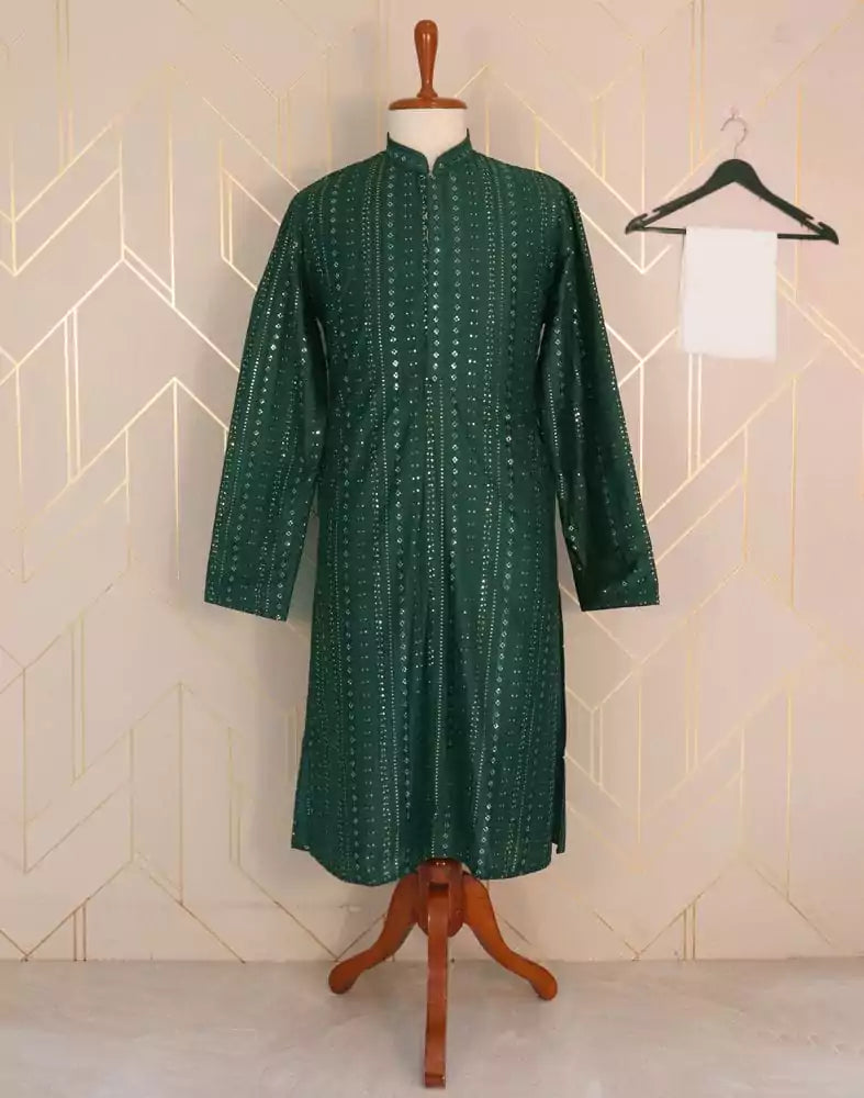 Dark Green Geometric Pattern Mirror Work Cotton Kurta Pyjama Set
