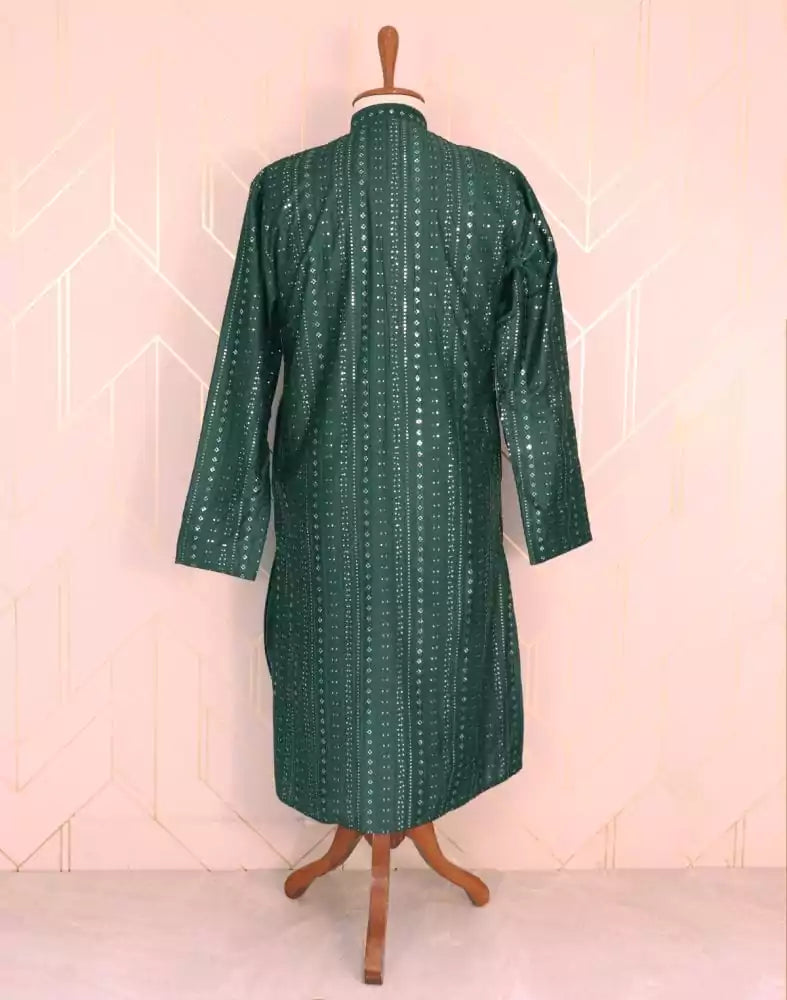 Dark Green Geometric Pattern Mirror Work Cotton Kurta Pyjama Set