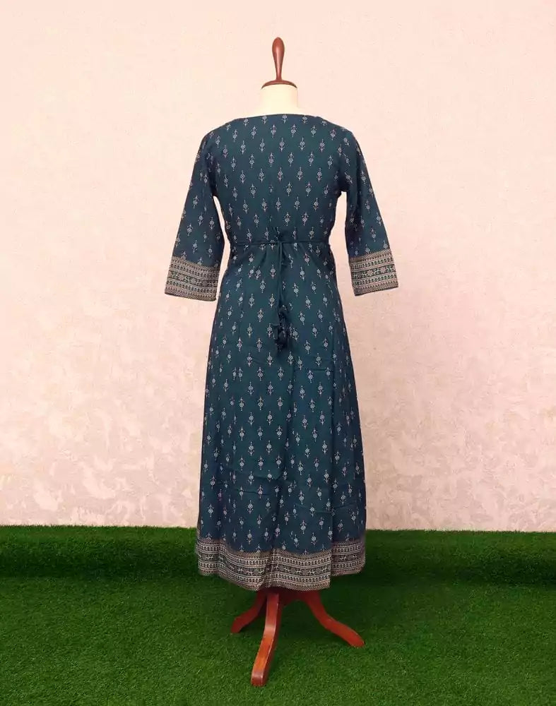 Peacock Blue Floral Mirror work Cotton Silk Kurti
