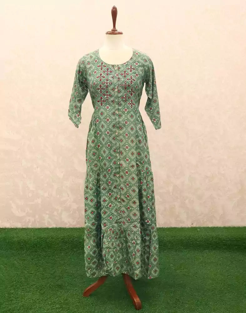 Green Geometric Mirror work Silk Kurti