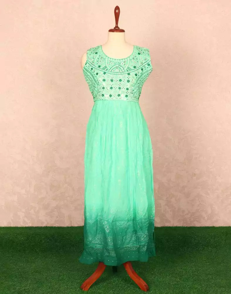 Sea Green Floral Mirror work Georgette Kurti