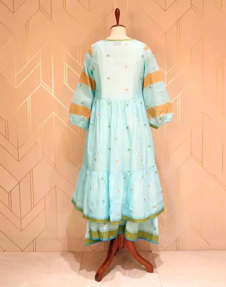 Turquoise Geometric Thread Work Cotton Kurti
