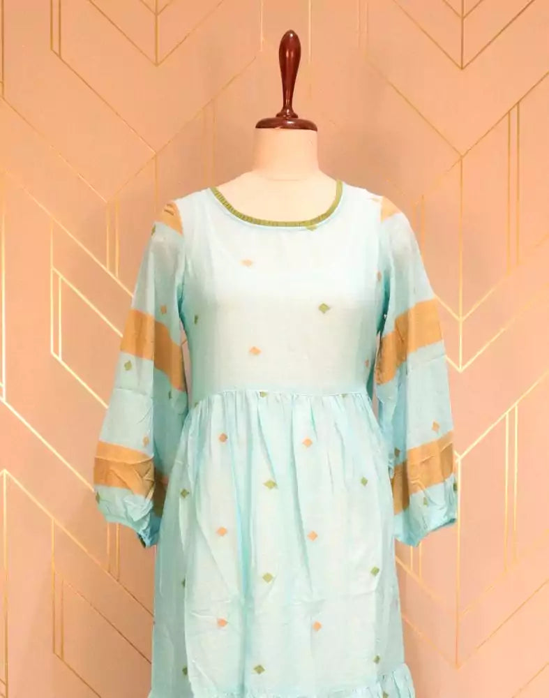 Turquoise Geometric Thread Work Cotton Kurti