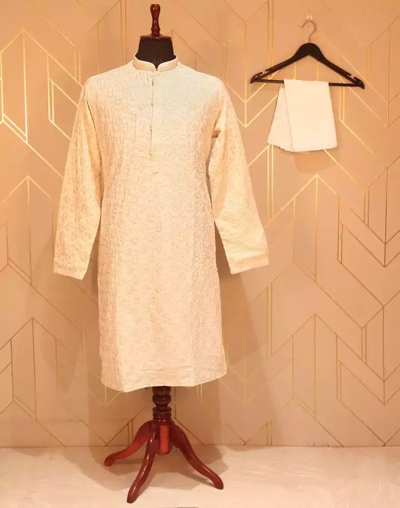 Cream Floral Chikankari Work Cotton Kurta Pyjama Set