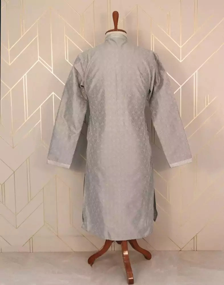 Grey Self Design Jacquard Weave Kurta Pyjama Set