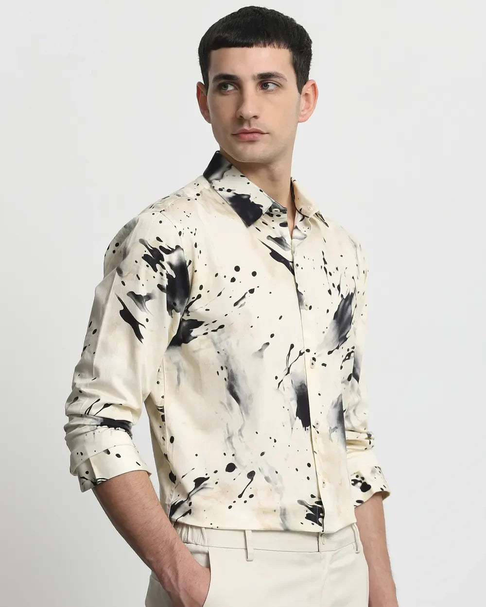 Beige Digital Printed Cotton Full Sleeve Shirt