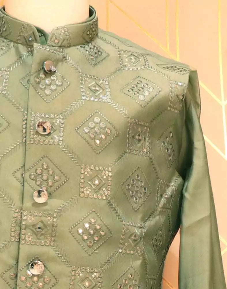 De Royal Imperial Pista Green Raw Silk Kurta Jacket Set