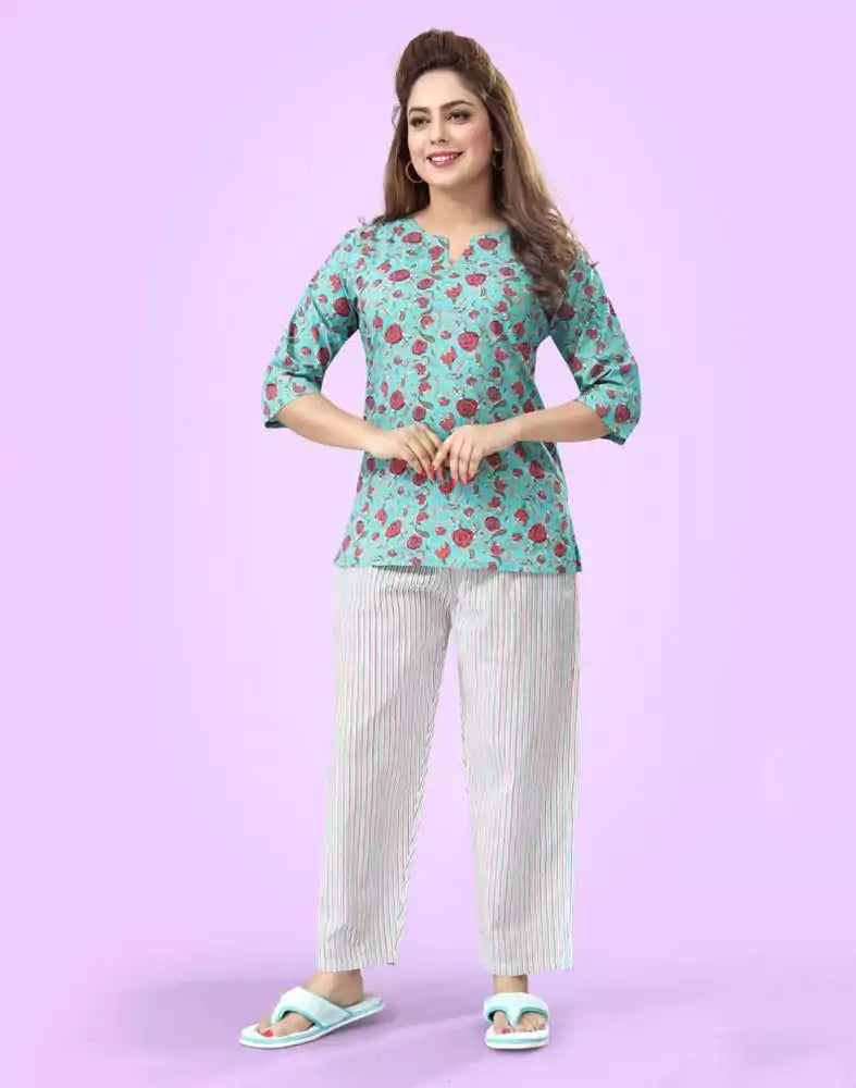 Green Floral Printed Cotton Night Suit