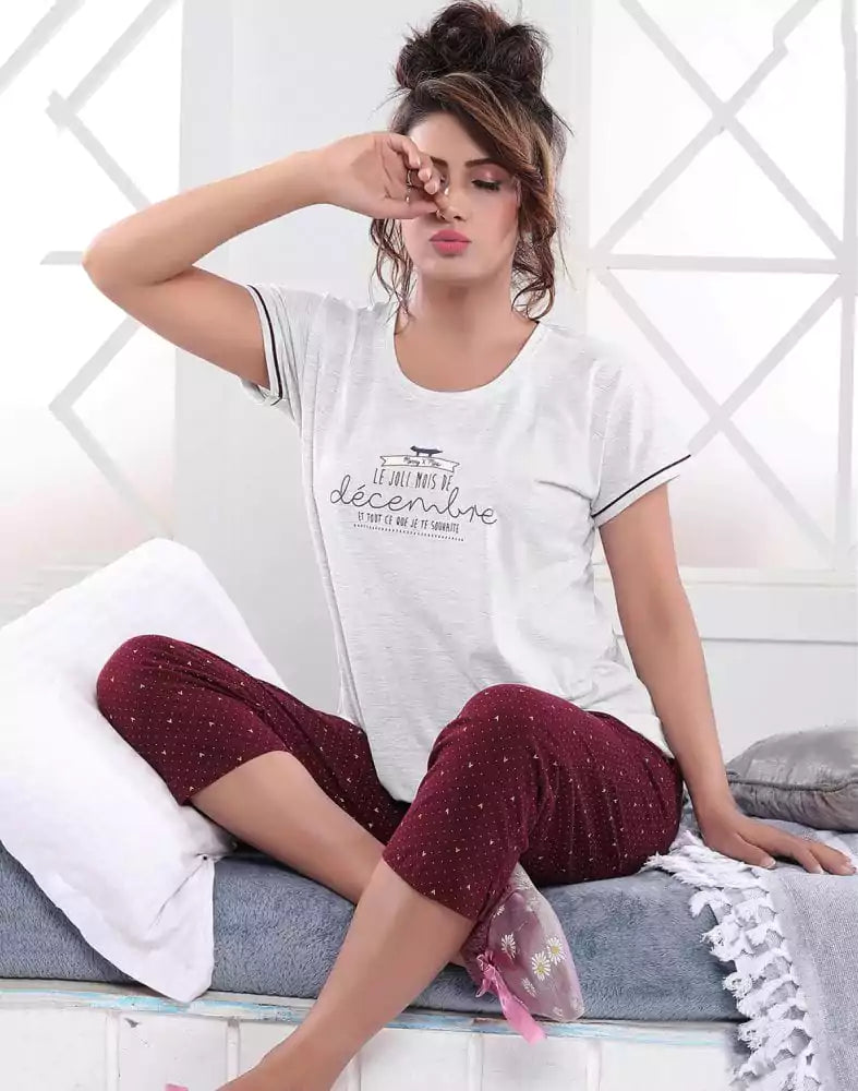 Silver Typography Cotton Printed Capri Set
