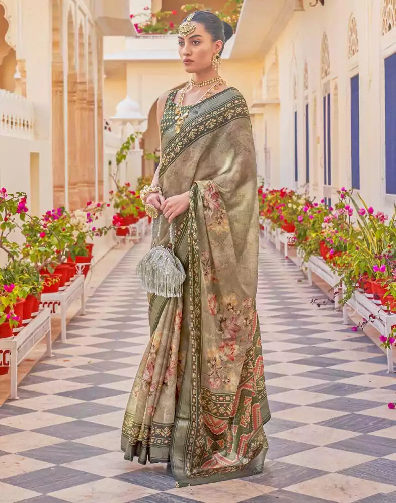 Floral Print Brown Coloured Dola Silk Saree