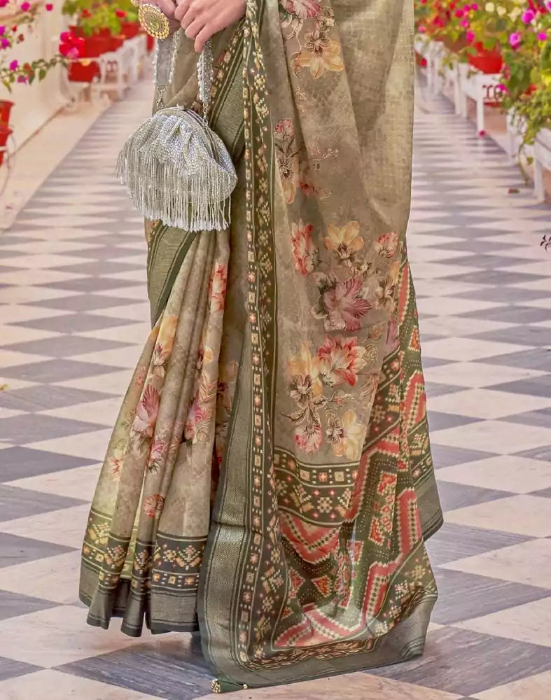 Floral Print Brown Coloured Dola Silk Saree
