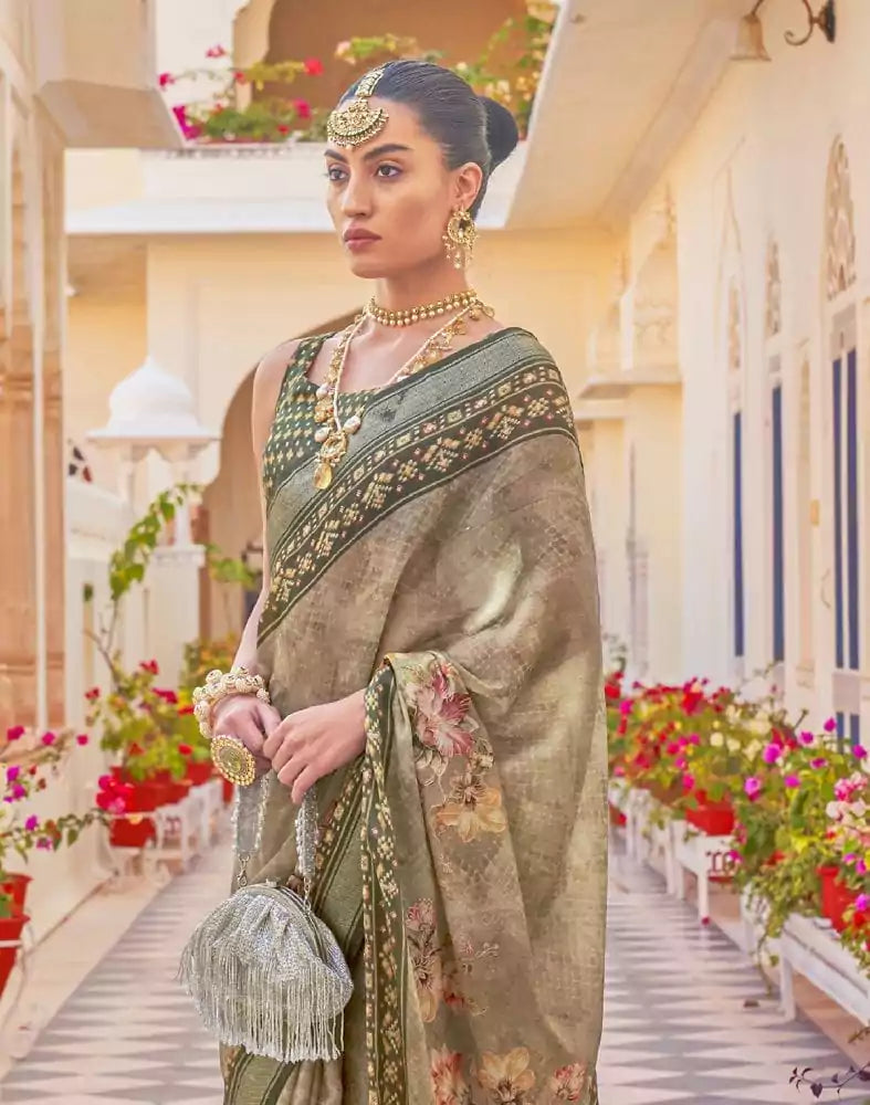 Floral Print Brown Coloured Dola Silk Saree
