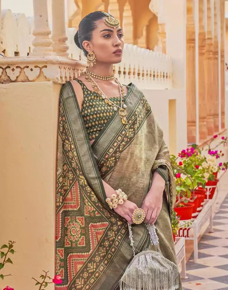 Floral Print Brown Coloured Dola Silk Saree