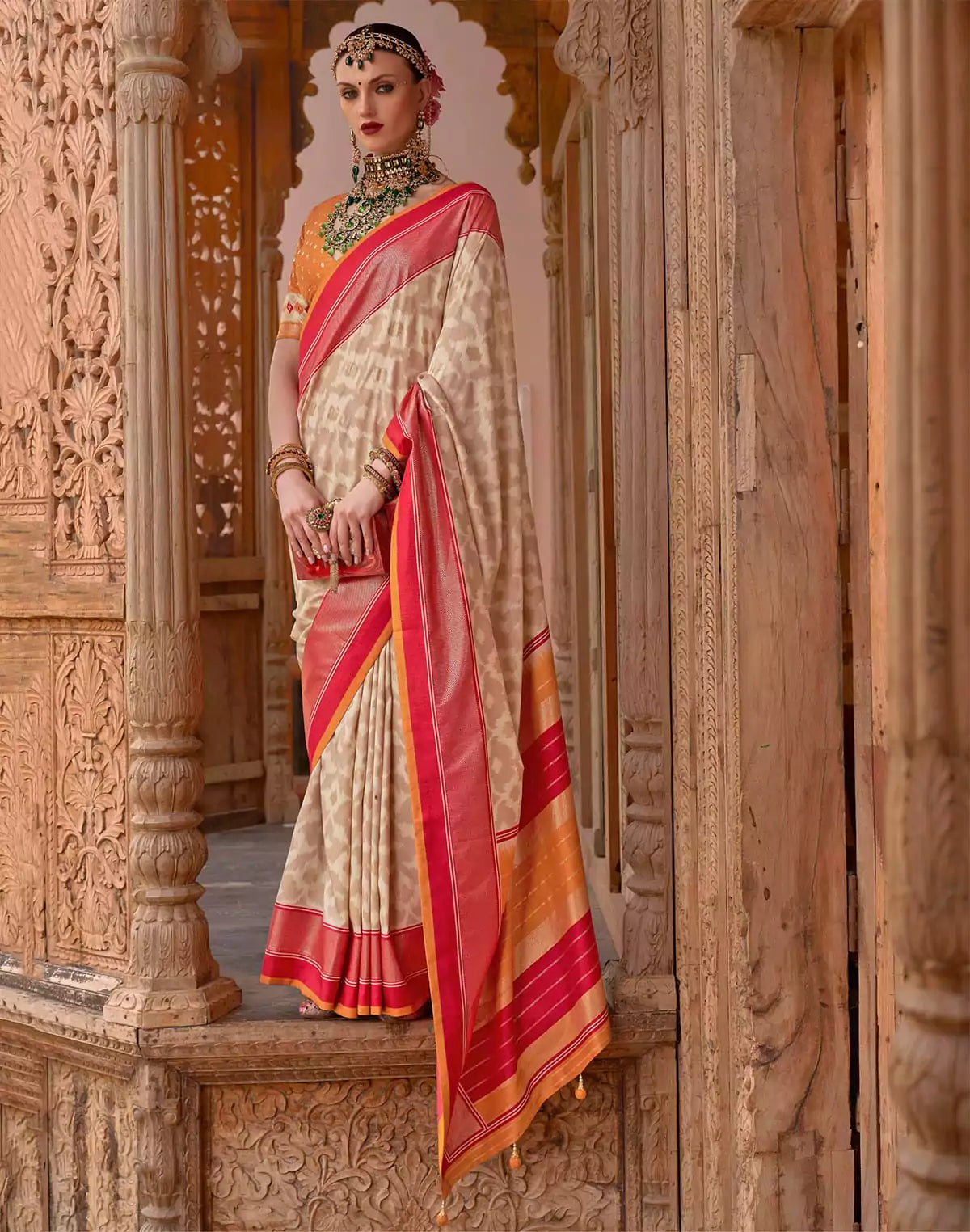 Beige Colour smooth Patola Silk Saree