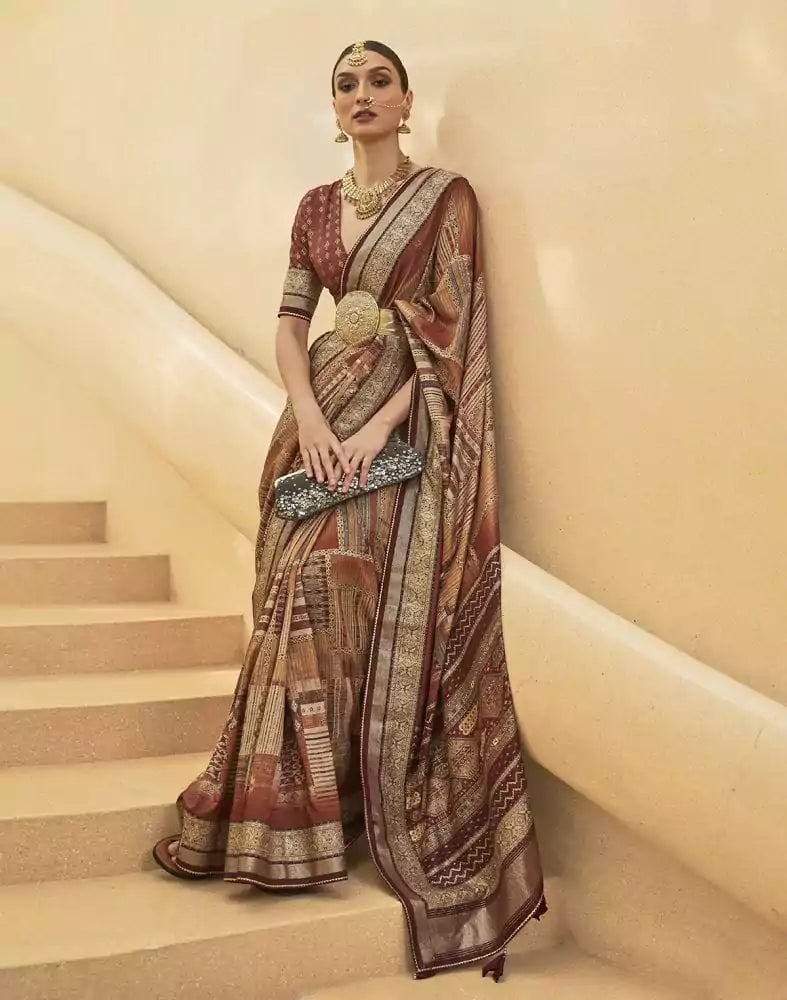 Brown Geometric Soft Art Silk Saree