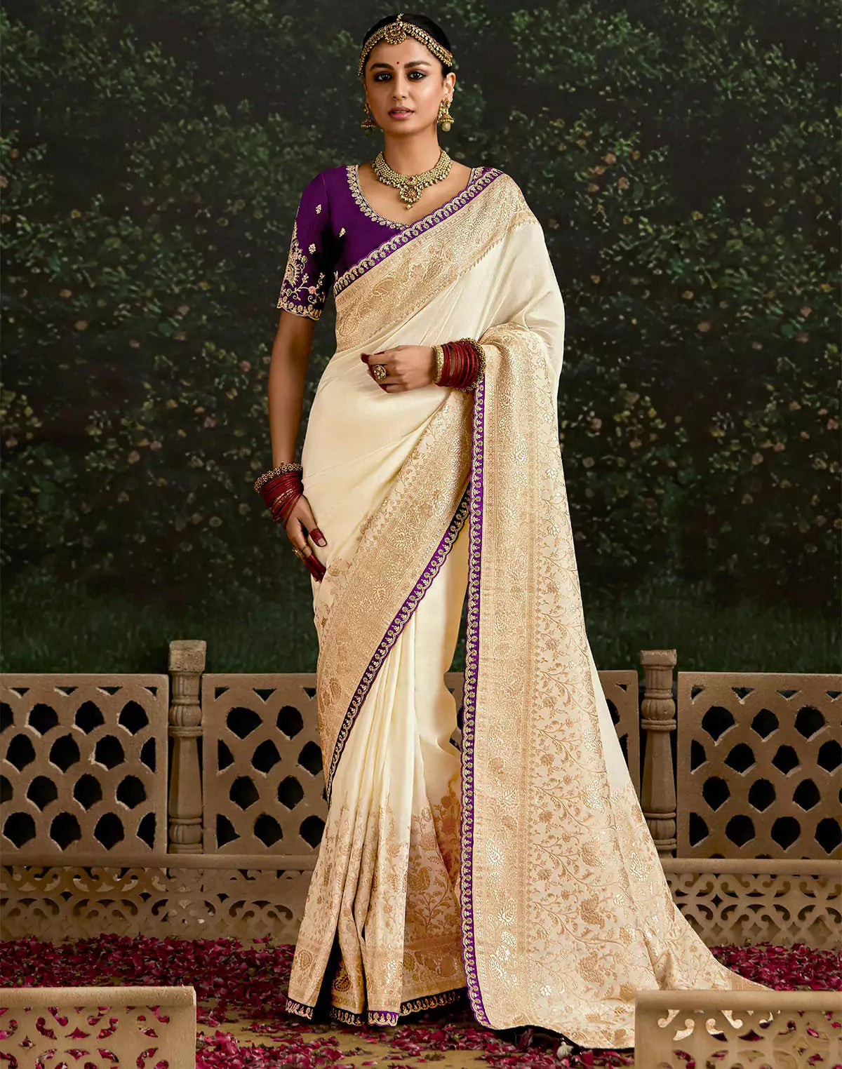Cream Pure Dola Silk With Fancy Lace Border and Embroidery Worked Blouse