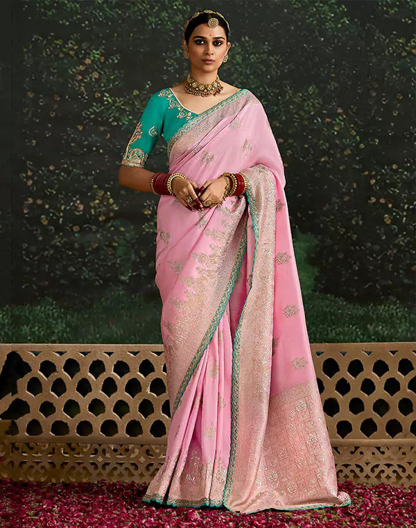 Classic Light Pink Lace Border Dola Silk Saree With Embroidery Work Blouse