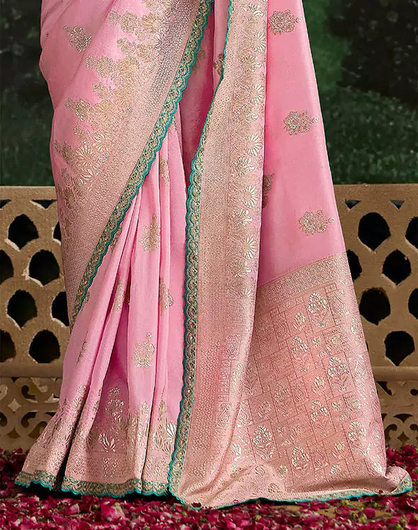 Classic Light Pink Lace Border Dola Silk Saree With Embroidery Work Blouse