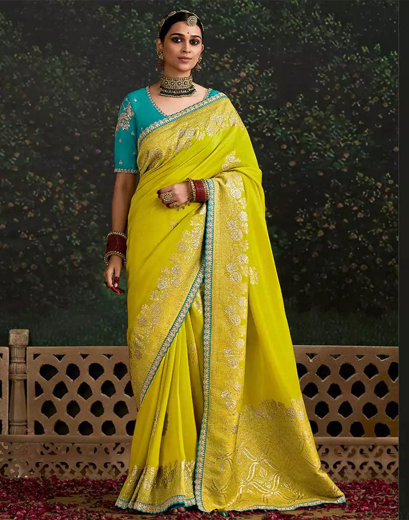 Lemon Yellow Fancy Lace Border Pure Dola Silk Saree With Embroidery Work Blouse