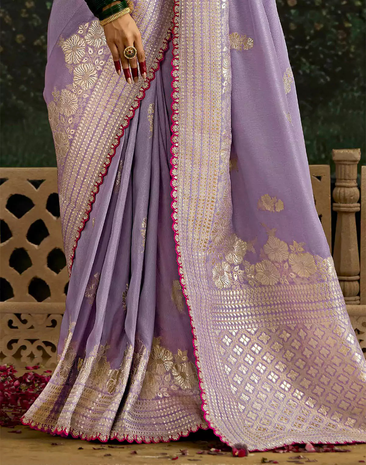Purple Floral Motifs Pure Dola Silk Saree With Contrast Embroidery Work Blouse