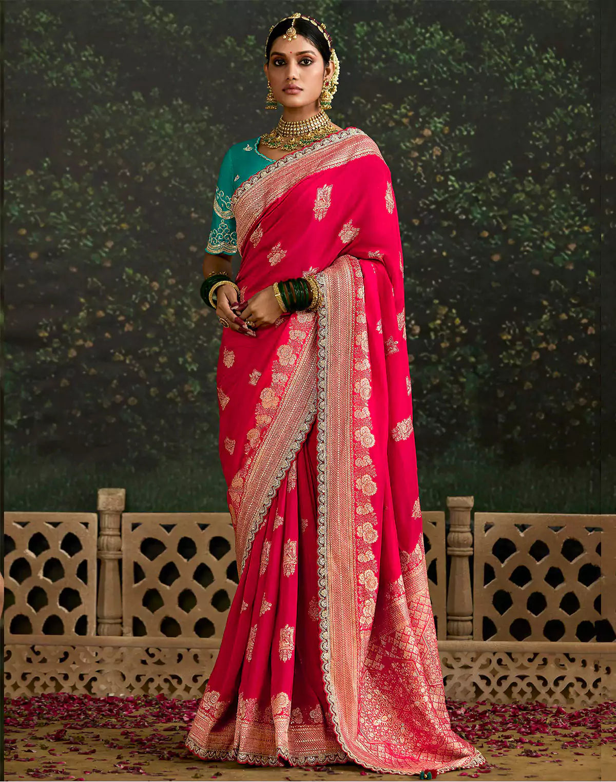 Dark Pink Floral Pure Dola Silk Saree With Contrast Work Blouse