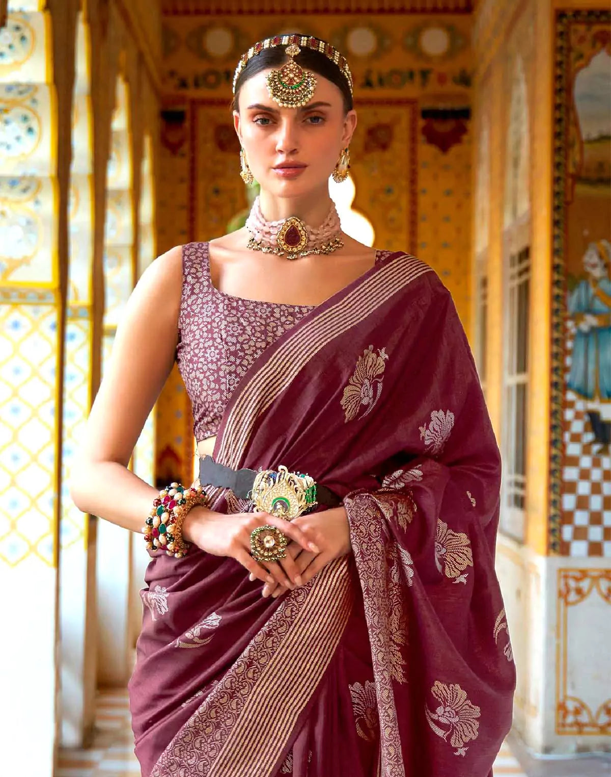 Maroon Floral Print Banaras Silk Designer Saree