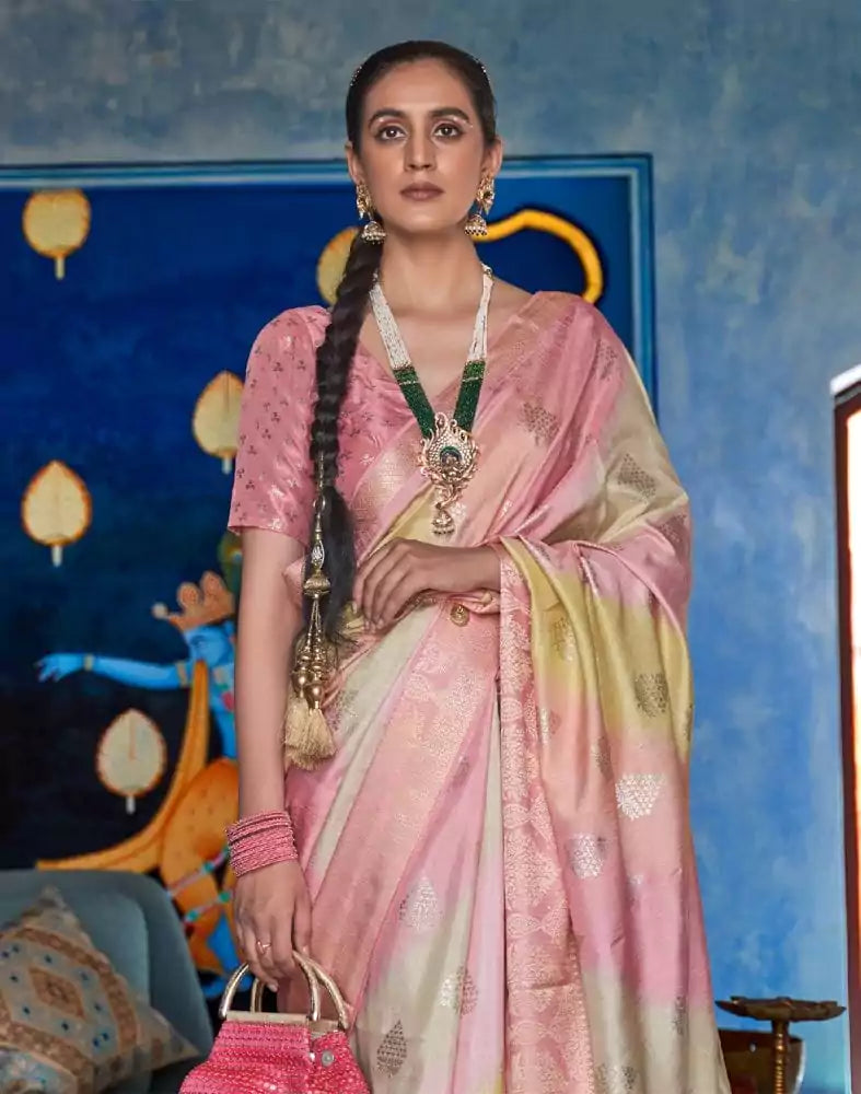 Light Pink Ethnic Motifs Banaras Silk Patola Saree