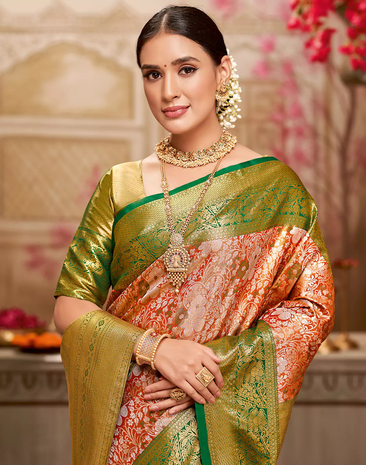 Orange Floral Tissue Design Contrast Border Kanchi Pattu Silk Saree