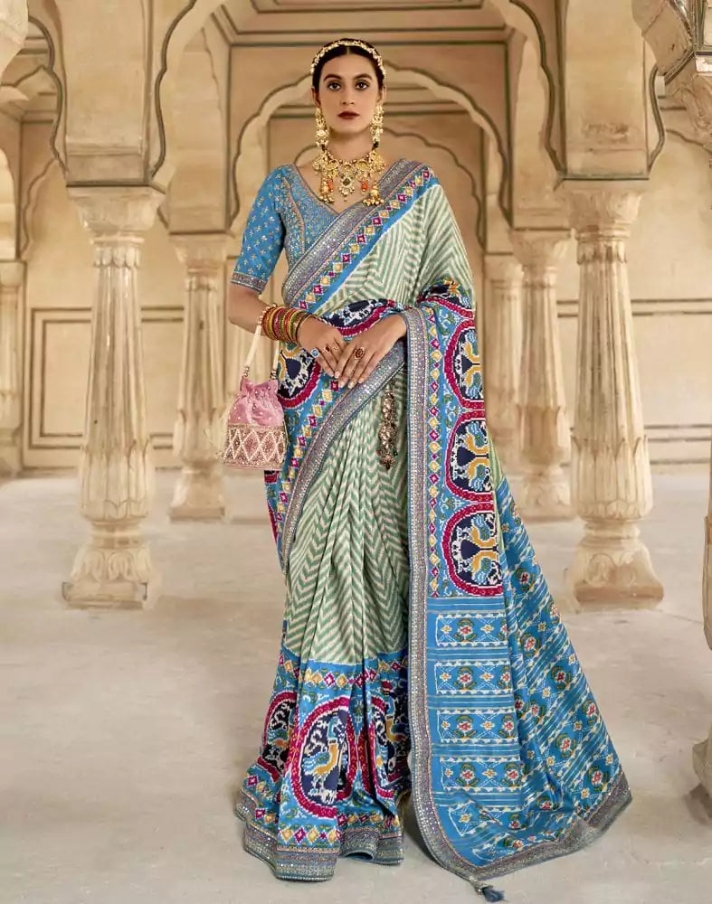 Light Green Chevron Printed Dola Silk Saree