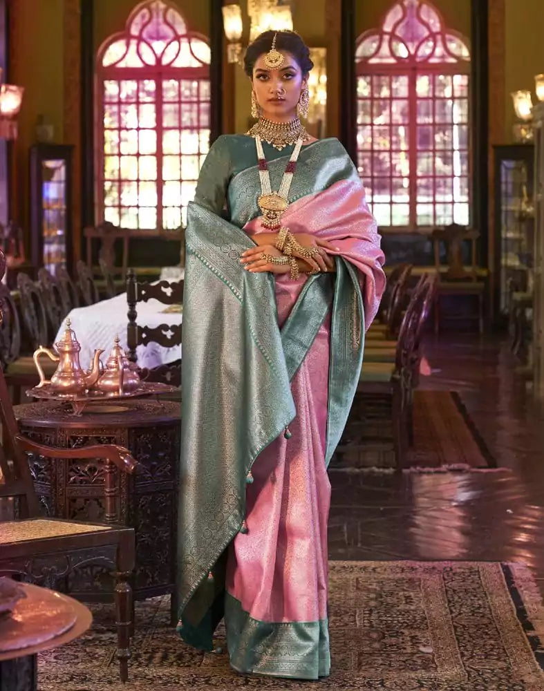 Pink all over Self Design Weaving Soft Silk Saree