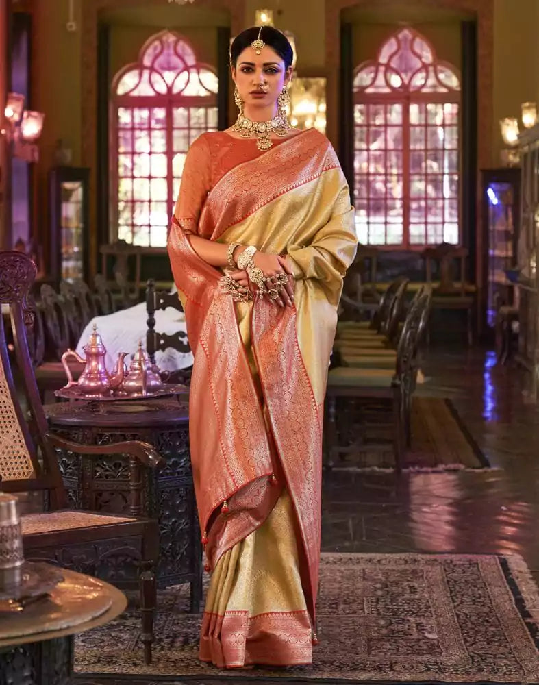 Yellow all over Self Design Weaving Soft Silk Saree