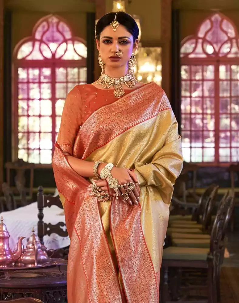 Yellow all over Self Design Weaving Soft Silk Saree