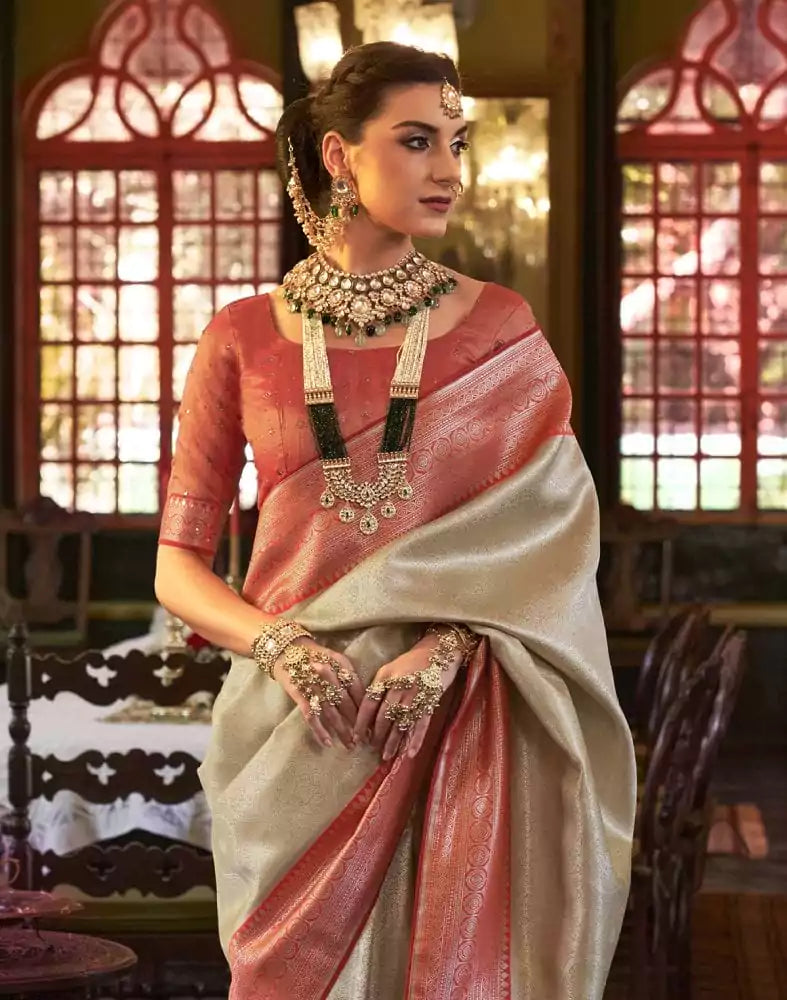 Gold and Red Self Design Weave Soft Silk Saree