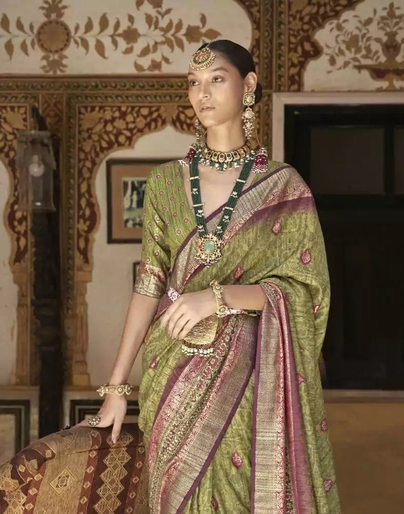 Green Floral Pattern Dola Silk Saree