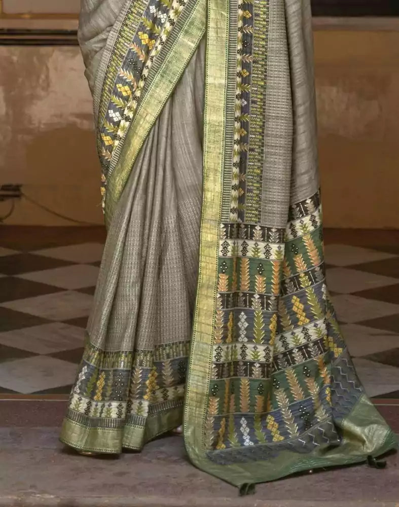 Grey and Green Colour Dola Silk Saree