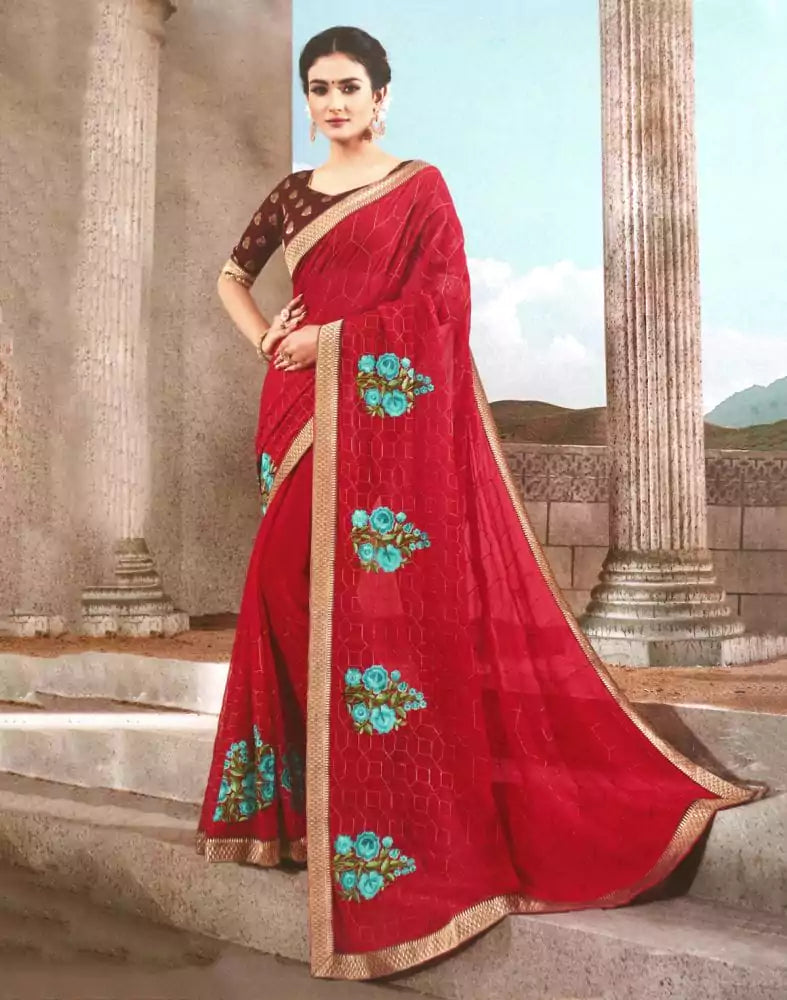 Red Floral Thread work Chiffon Saree
