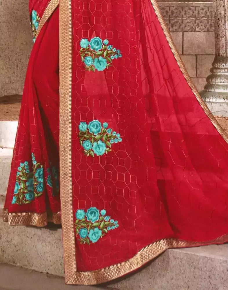 Red Floral Thread work Chiffon Saree