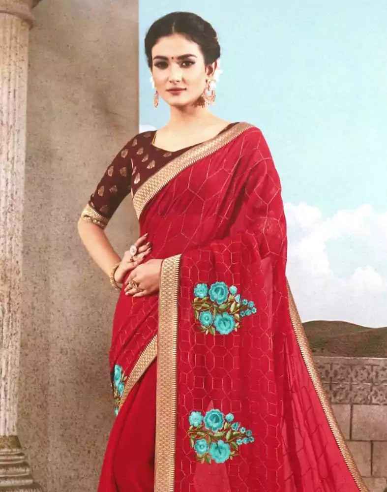Red Floral Thread work Chiffon Saree