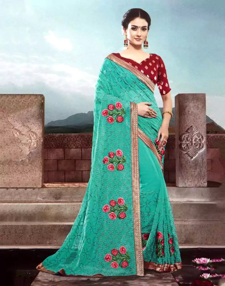 Sea Green Floral Thread work Chiffon Saree
