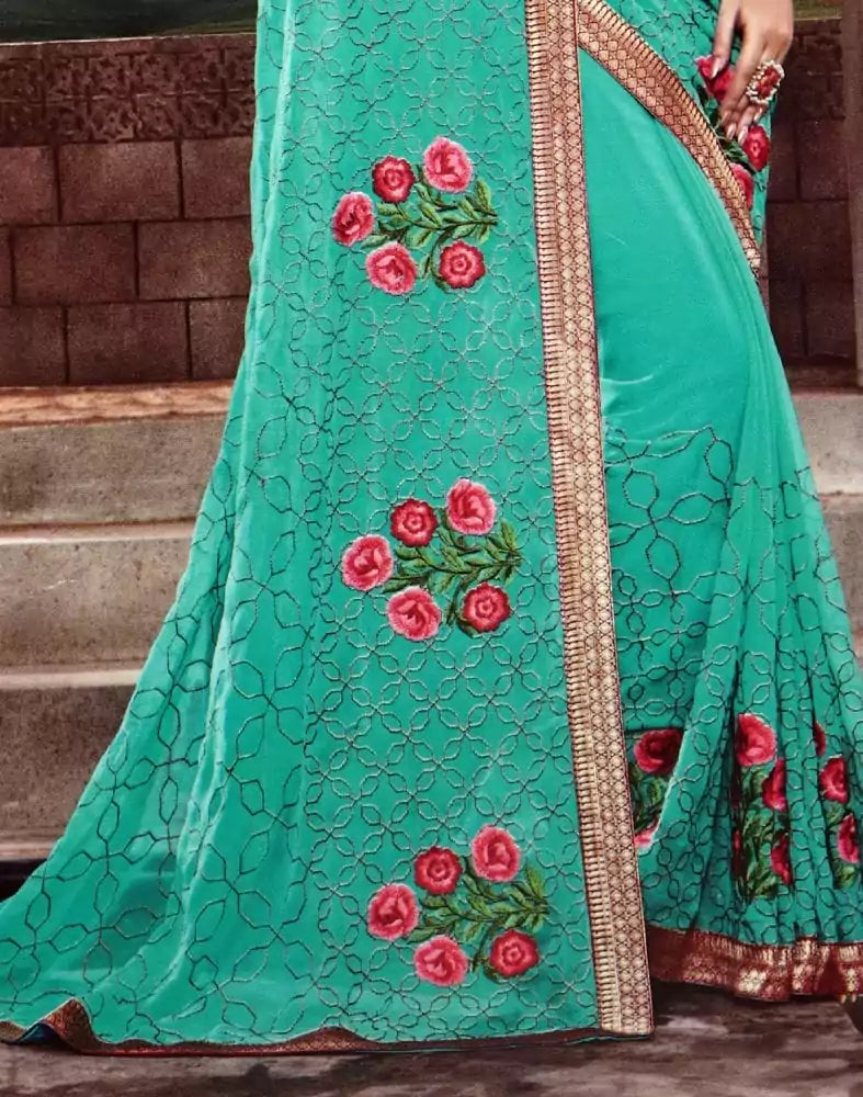 Sea Green Floral Thread work Chiffon Saree