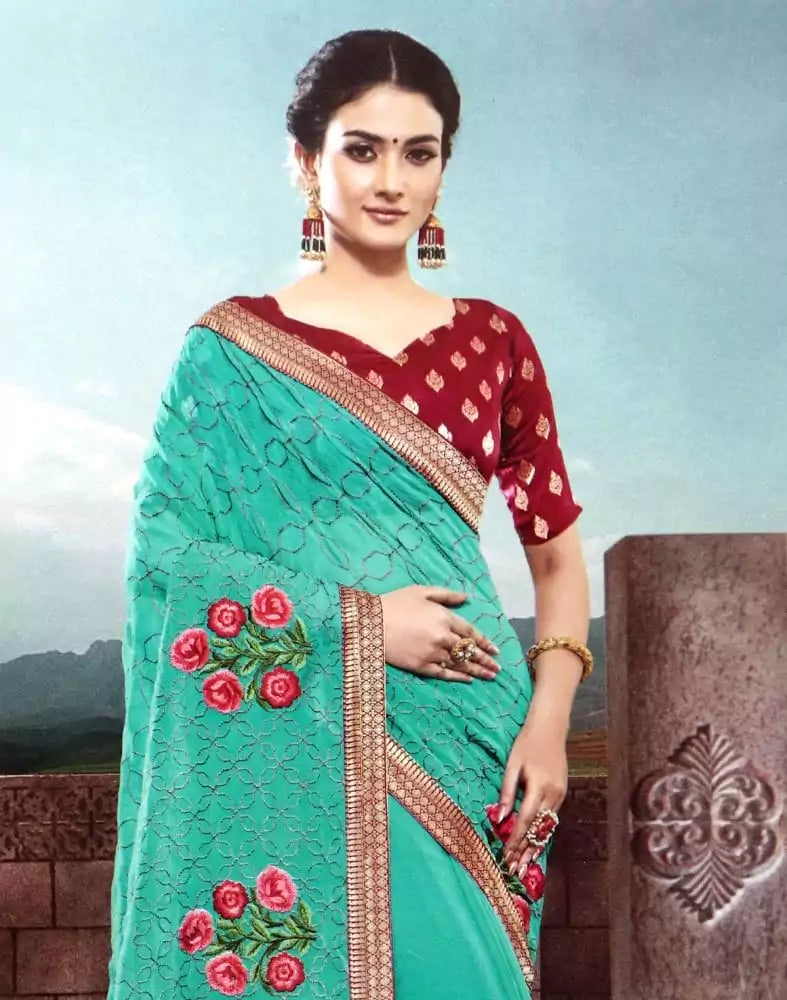 Sea Green Floral Thread work Chiffon Saree