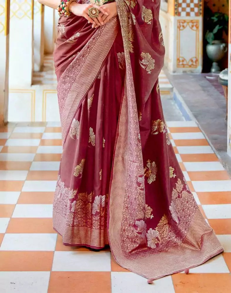 Maroon Floral Mica Print work Banaras Fancy Saree