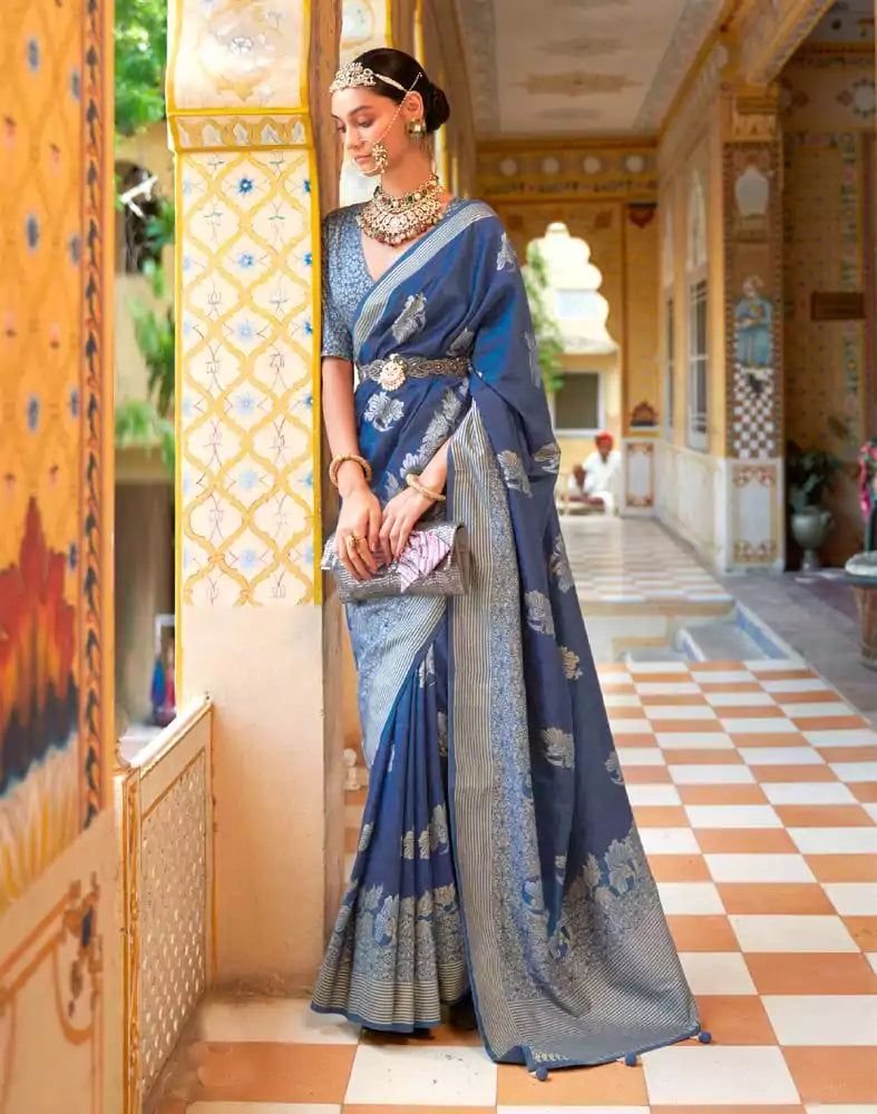 Peacock Blue Floral Mica Print work Banaras Fancy Saree