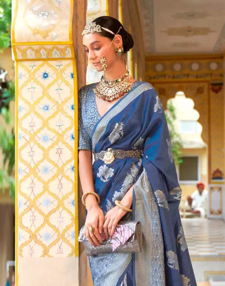 Peacock Blue Floral Mica Print work Banaras Fancy Saree
