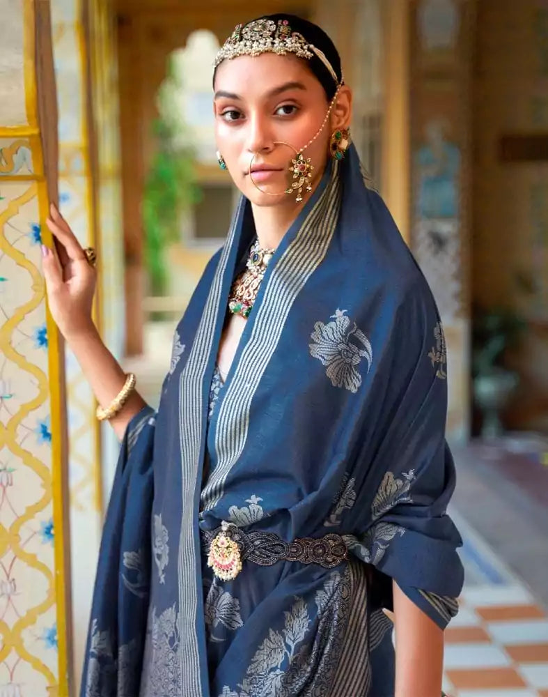 Peacock Blue Floral Mica Print work Banaras Fancy Saree