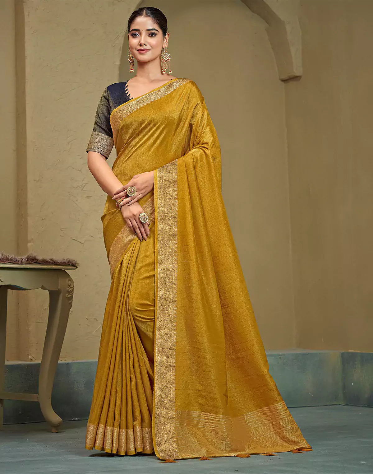Light Mustard Raw Silk Plain Saree