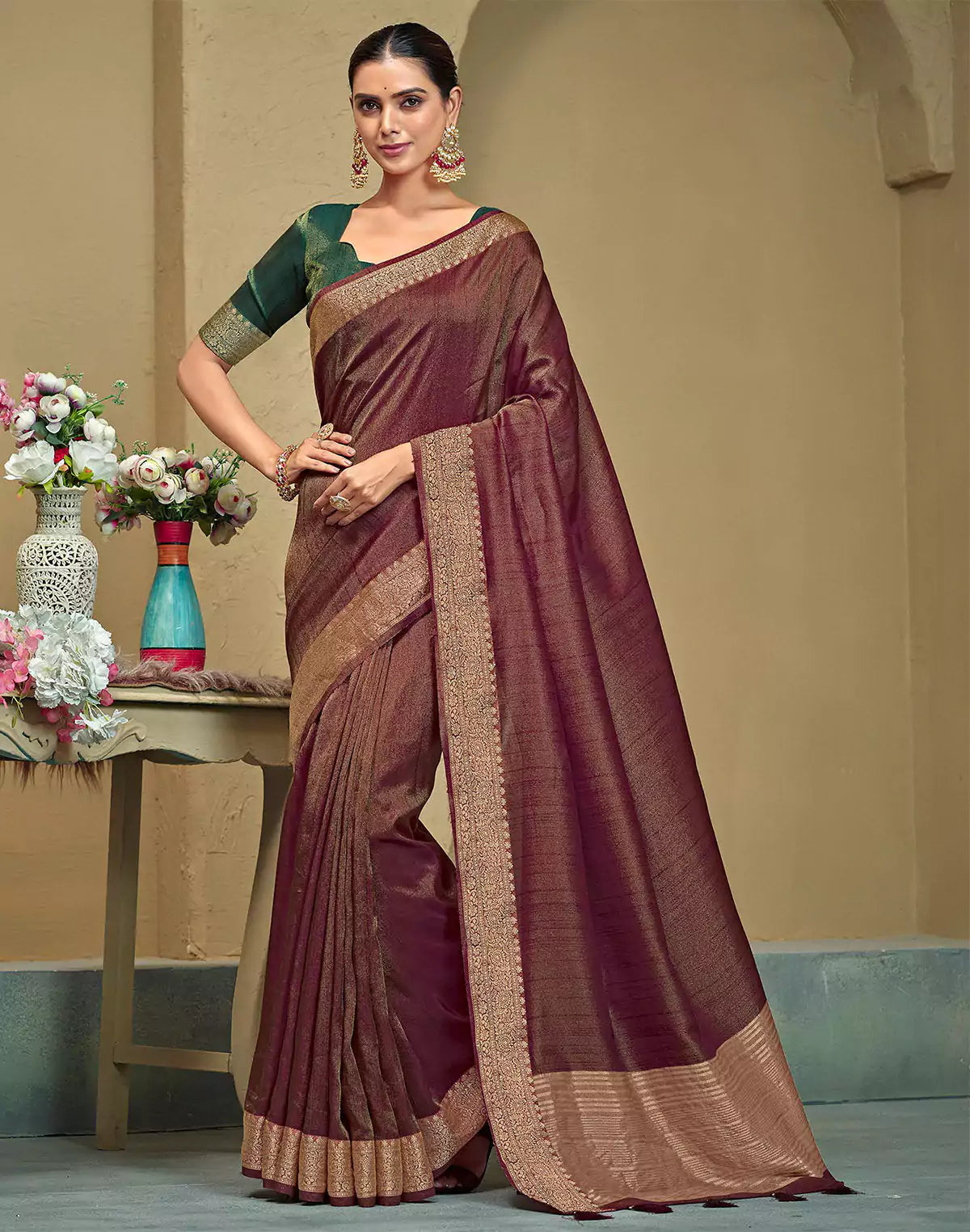Maroon Raw Silk Saree With Tussels