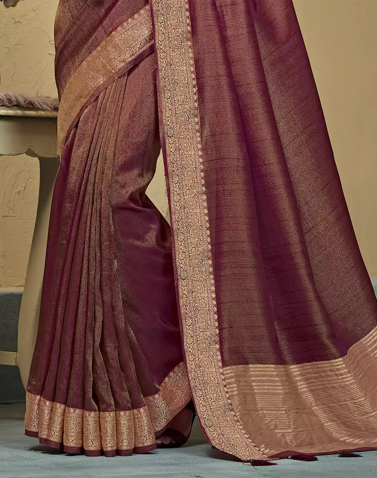 Maroon Raw Silk Saree With Tussels