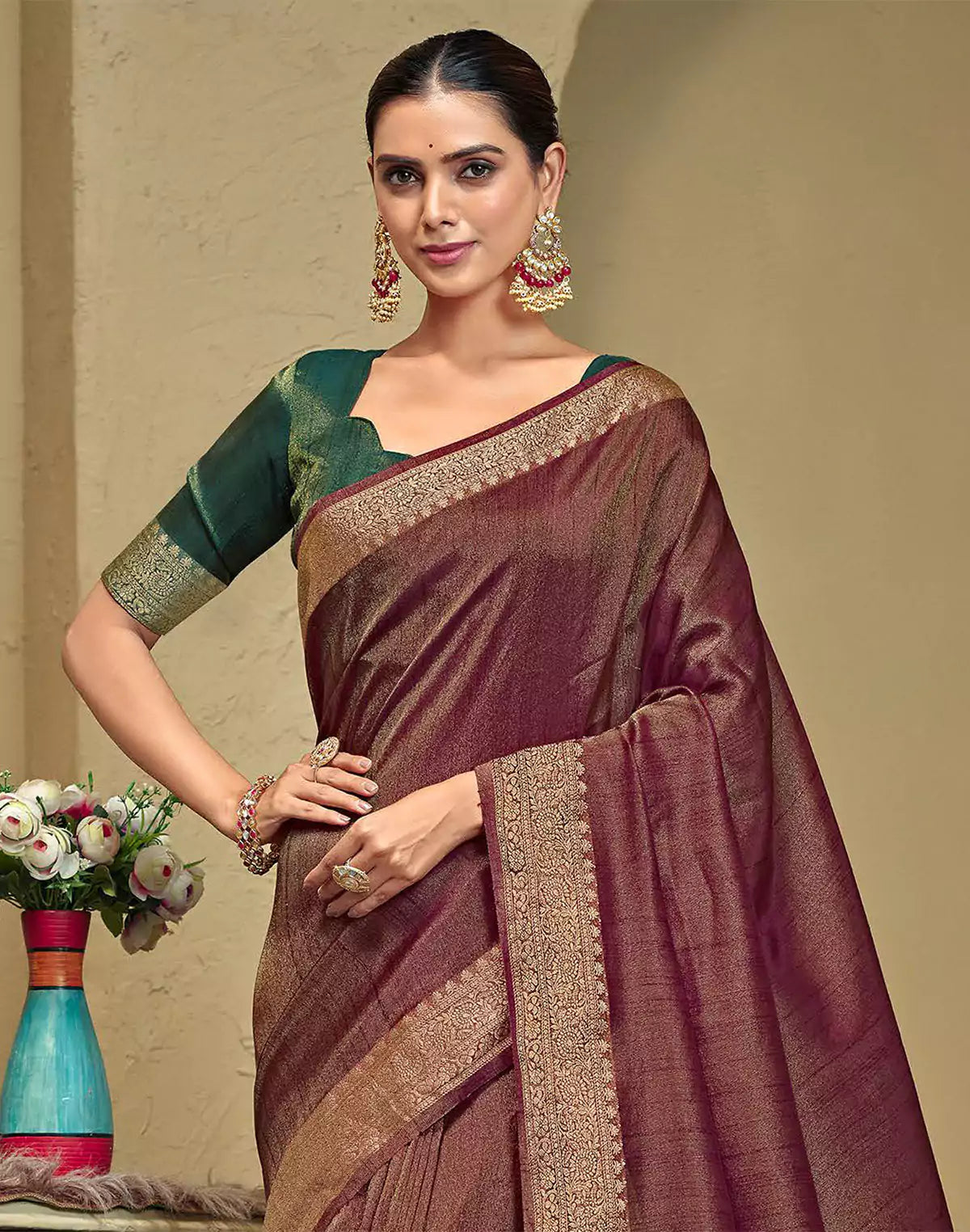 Maroon Raw Silk Saree With Tussels
