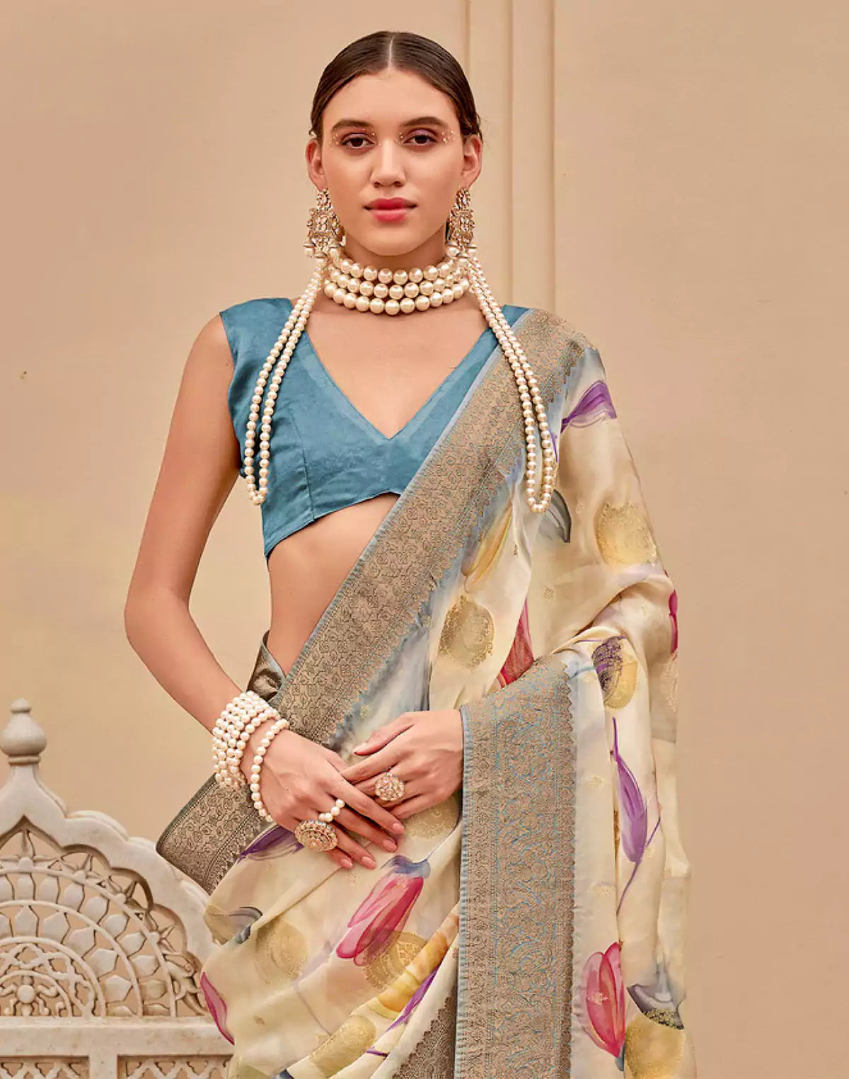 Cream Graphic Print Art Silk Saree with Copper Zari Border